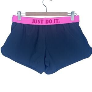 Nike Dri Fit Shorts Womens Medium Blue W/Pink Liner & Roll Down Waist Just Do It